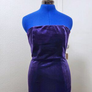 Floor length purple velvet strapless dress with gloves and choker